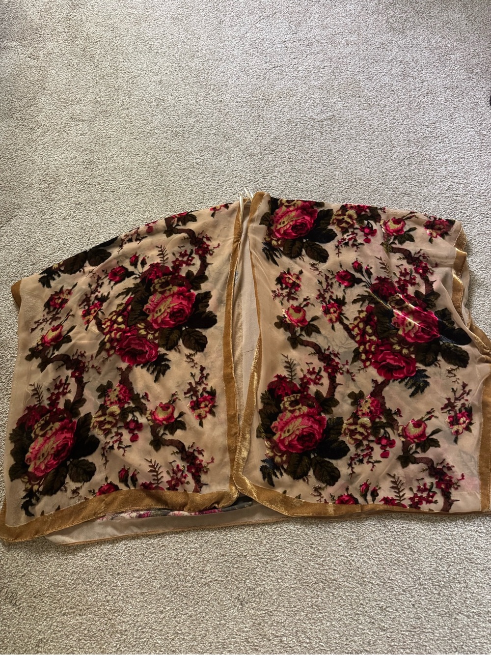 Beige and Gold Floral Velvet Kimono Wrap